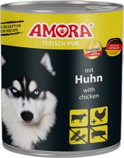 Blik hondenvoer Amora Fleisch Pur met afbeelding van een husky en tekst 'mit Huhn'.