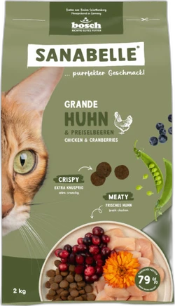 Verpakking Sanabelle Grande kattenvoer met kip, cranberries en kattenkop links in beeld