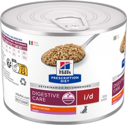 Hill's Prescription Diet i/d Puppy Digestive Care nat hondenvoer blik met kip Blik Hill's Prescription Diet i/d Puppy Digestive Care hondenvoer met lepel en natvoer op witte achtergrond