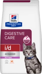 Wit en paars honden- en kattenvoerverpakking van Hill's Prescription Diet i/d Digestive Care voor kittens met afbeelding van een grijze gestreepte kitten