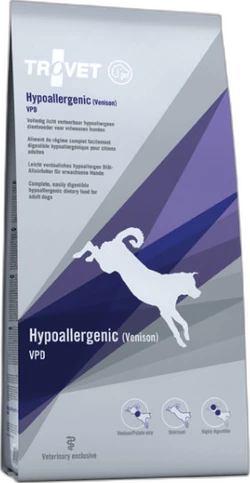 Zak Trovet Hypoallergenic VPD met hert hondenvoer in grijs-paarse verpakking met silhouet van een springend hert