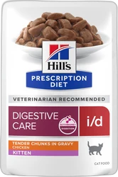 Hill's Prescription Diet i/d Digestive Care nat kattenvoer voor kittens Voorzijde van een Hill's Prescription Diet kitten natvoerzakje met kip, bord met stukjes in jus en productlogo.