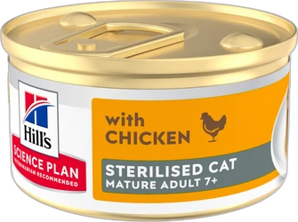 Blik kattenvoer Hill's Science Plan Sterilised Cat Mature Adult 7+ met kip in mousse, zijaanzicht