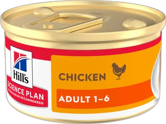 Blik Hill's Adult nat kattenvoer met kip (mousse), geel-oranje etiket en pull-tab deksel