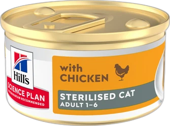 Hill's Sterilised Cat mousse met kip in blik, voorkant etiket Blik Hill's kattenvoer (mousse) met kip voor gesteriliseerde volwassen katten, voorkant etiket zichtbaar