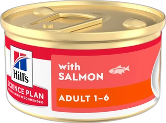 Blik Hill's Science Plan volwassen nat kattenvoer met zalm, roze-oranje etiket en goudkleurig deksel