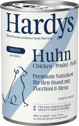 Blik hondennatvoer met lichtblauw-witte verpakking, merk Hardy's en afbeelding van een hond