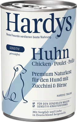 Blik hondennatvoer met lichtblauw-witte verpakking, merk Hardy's en afbeelding van een hond
