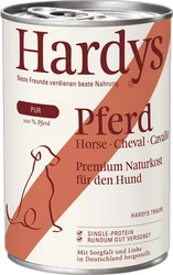 Witte blik hondenvoer met roodbruine opdruk: 'Hardys Pferd' en silhouet van een hond