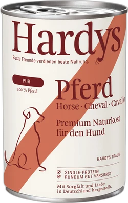 Witte blik hondenvoer met roodbruine opdruk: 'Hardys Pferd' en silhouet van een hond