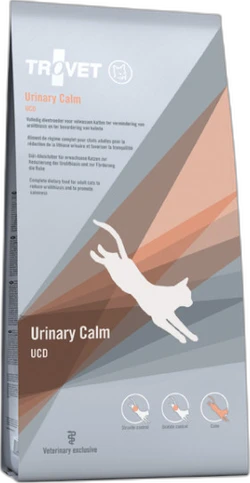 Zak Trovet Urinary Calm UCD kattenvoer met stiliseerde springende kat en diagonale strepen in grijs en oranje
