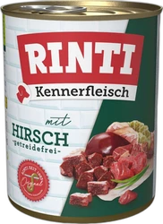 Blik Rinti Kennerfleisch hondenvoer met hertenvlees en afbeelding van stukjes vlees