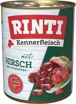 Blik Rinti Kennerfleisch hondenvoer met hertenvlees en afbeelding van stukjes vlees